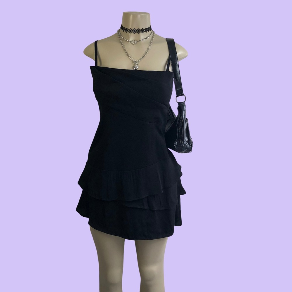 Vintage Y2K Tiffi Black Pleated Tiered Ruffle Mini Dress XS Cami Strap Party